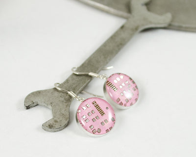 pink circuit board dangle earrings