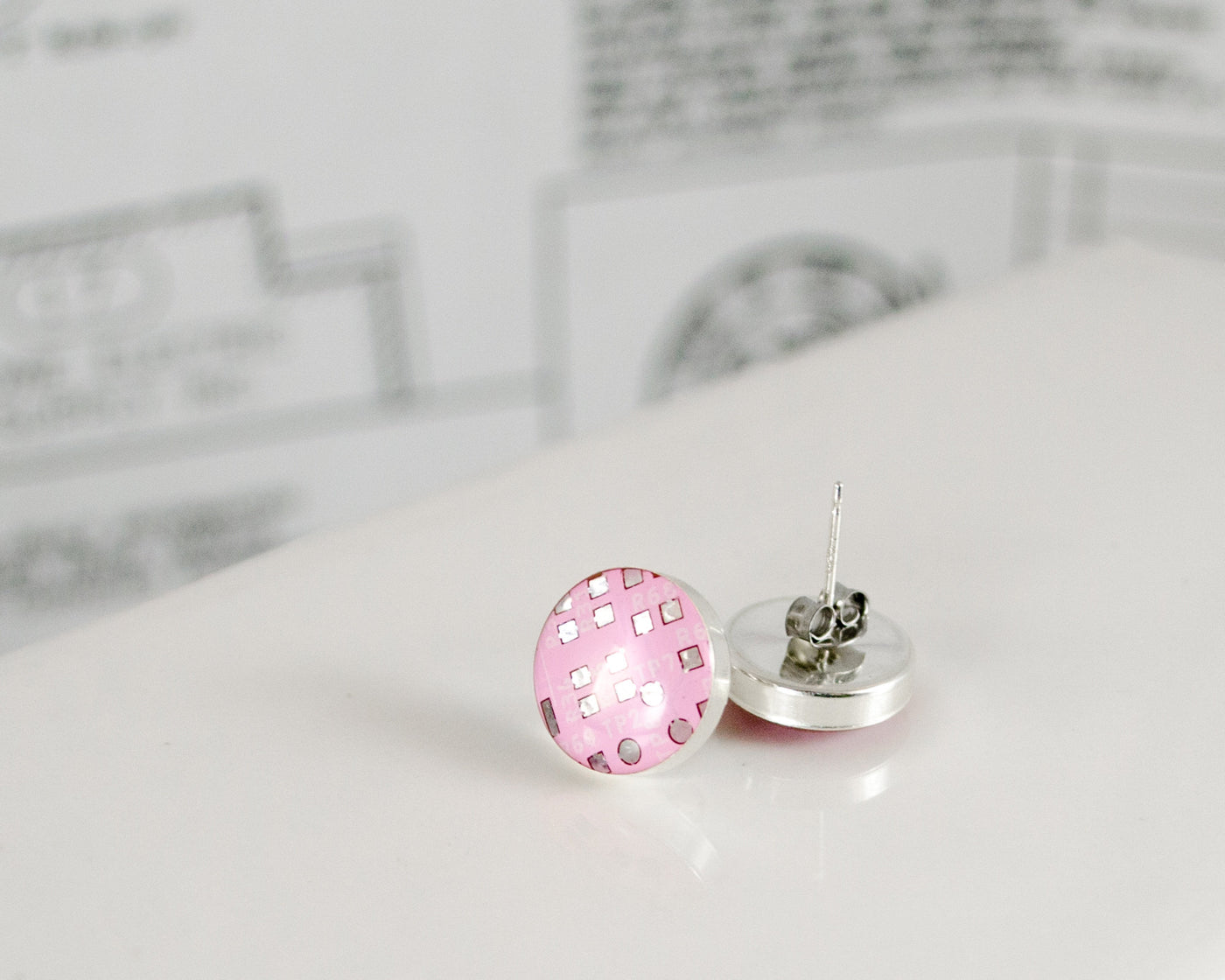 pink circuit board post earrings