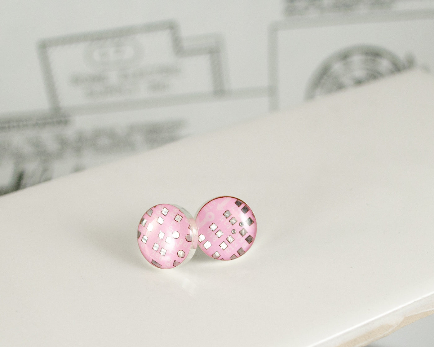Pink Circuit Board Post Earrings
