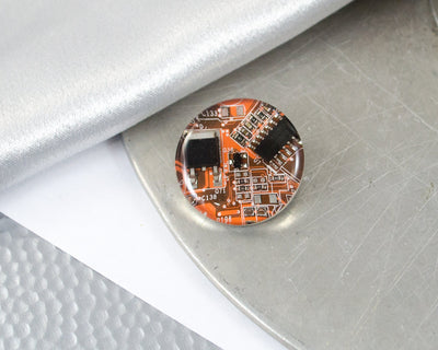 Orange Circuit Board Pin, Recycled Computer Gift