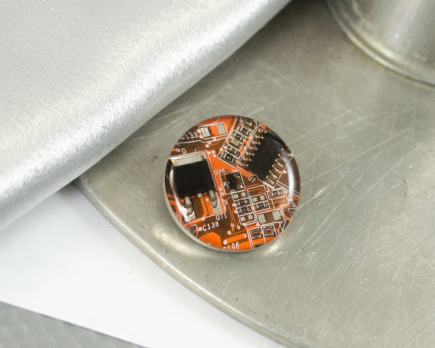 Orange Circuit Board Pin, Recycled Computer Gift