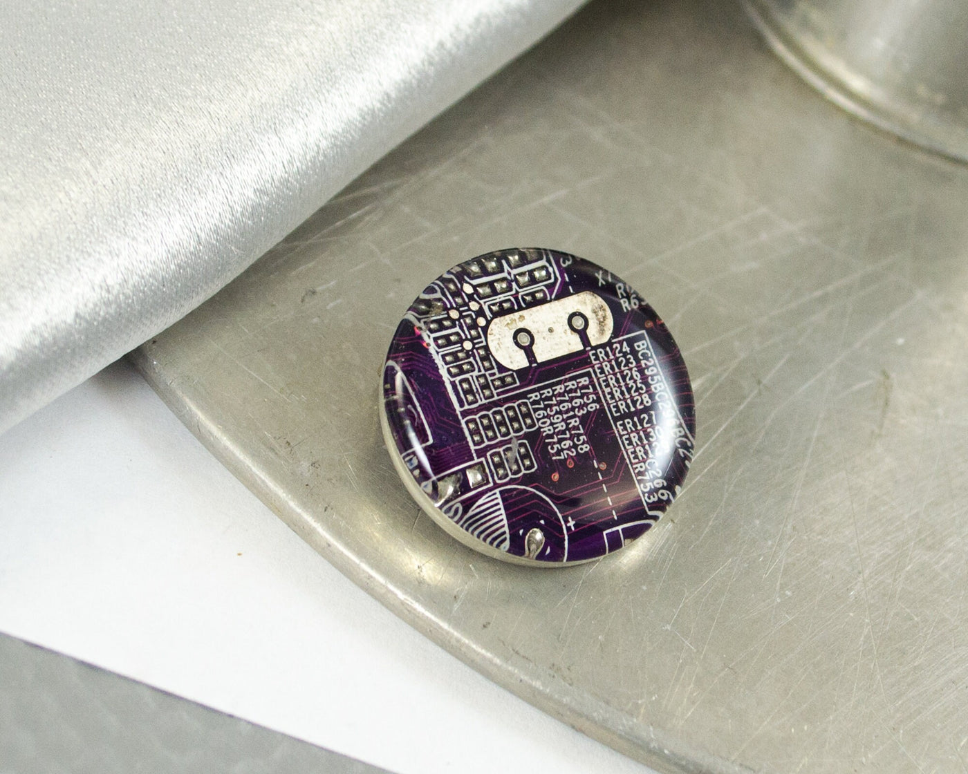 Violet Circuit Board Pin, Recycled Computer Gift