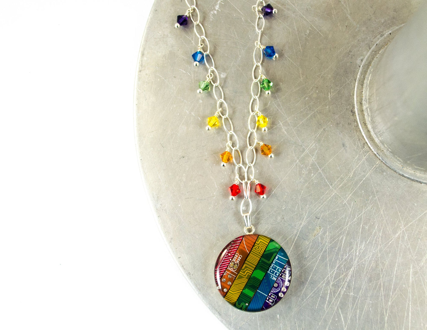 Recycled Circuit Board Rainbow Fringe Necklace