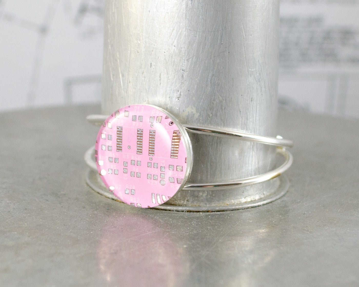 handmade pink circuit board cuff bracelet