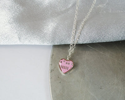 tiny pink circuit board heart necklace