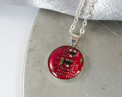 Red Recycled Circuit Board Necklace, Small Size, Electrical Engineer Gift, Computer Scientist Unique Jewelry, Geek Chic Jewelry