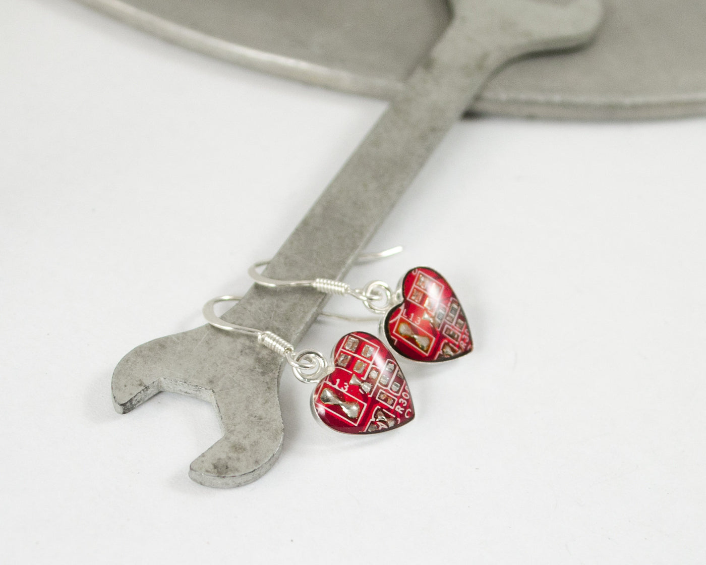 Tiny Circuit Board Heart Dangle Earrings