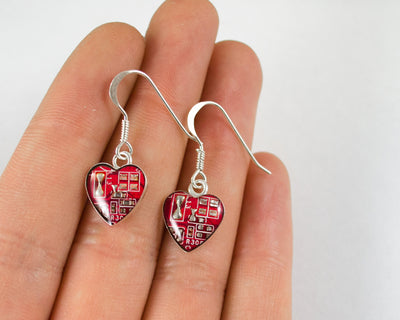 red circuit board heart earrings