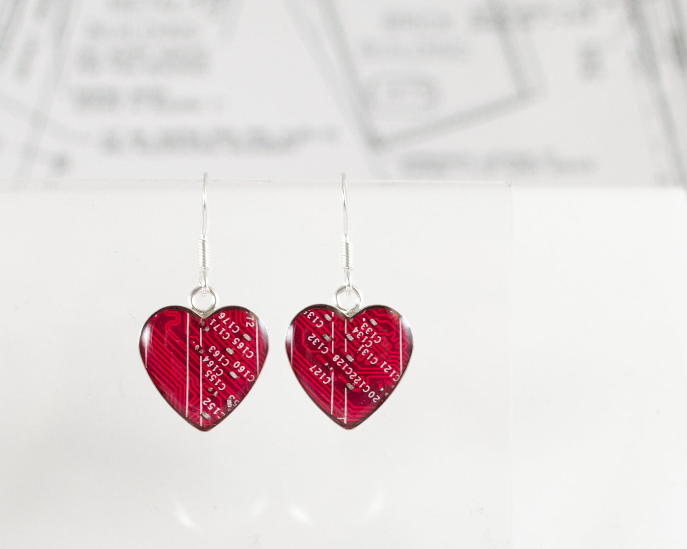 Red Circuit Board Heart Earrings, Medium Size, Electrical Engineer Earrings, Computer Scientist Jewelry, Gift for Scientist, Techie Earrings