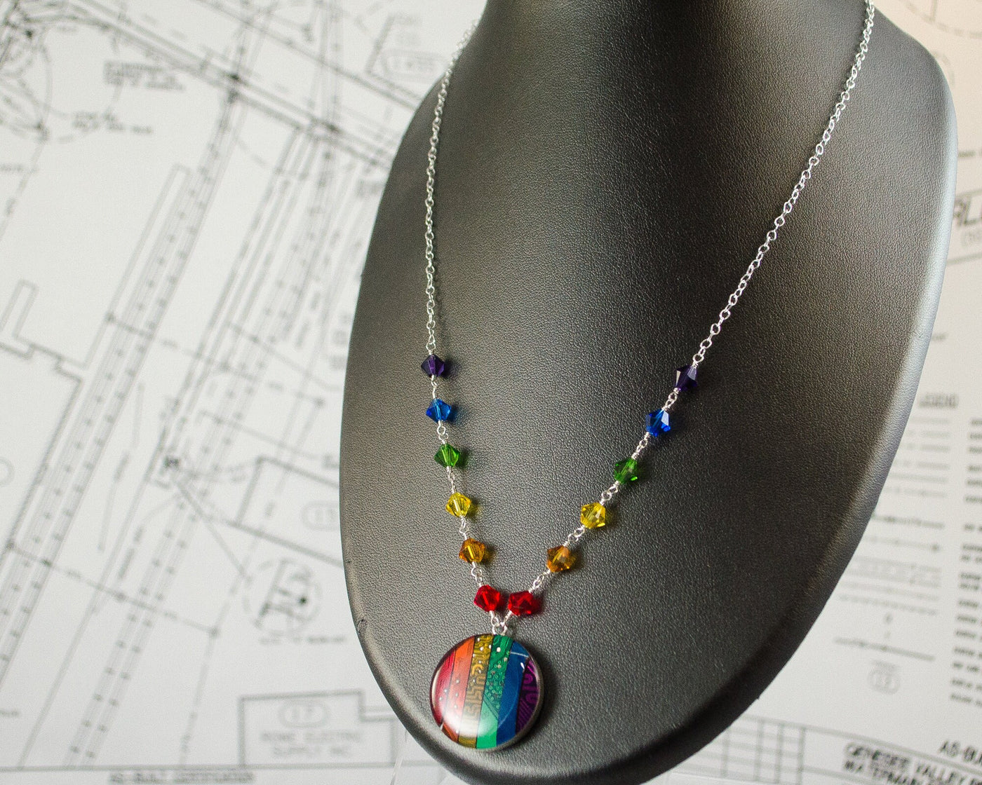 Recycled Circuit Board Rainbow Necklace with Rainbow Beaded Chain