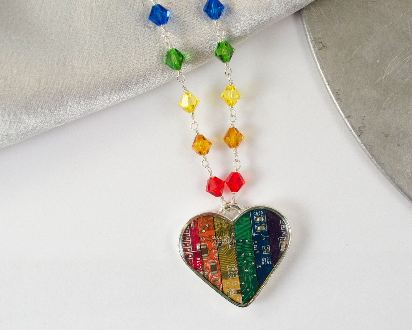 Recycled Circuit Board Rainbow Heart Necklace with Rainbow Beaded Chain