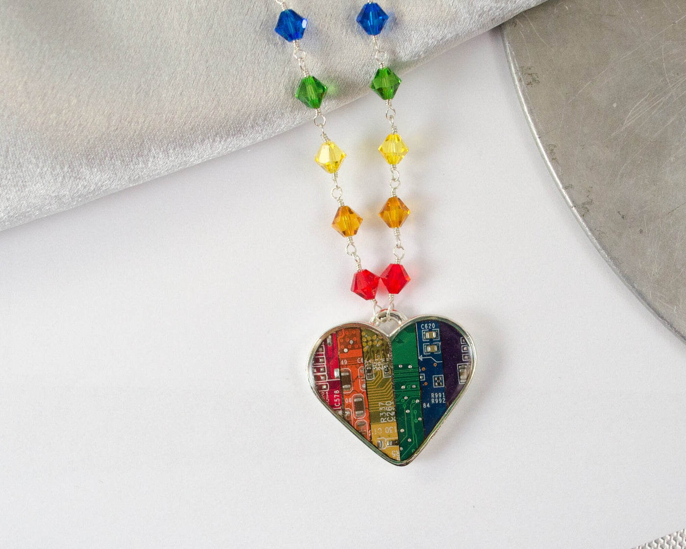 Recycled Circuit Board Rainbow Heart Necklace with Rainbow Beaded Chain