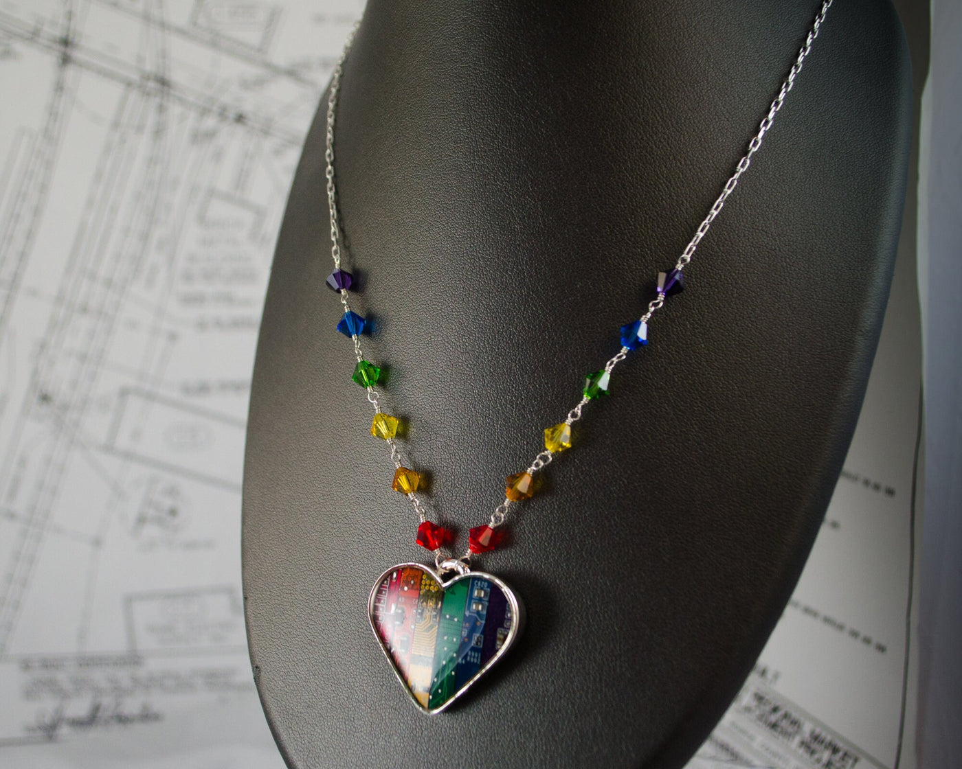 Recycled Circuit Board Rainbow Heart Necklace with Rainbow Beaded Chain