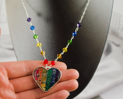 Recycled Circuit Board Rainbow Heart Necklace with Rainbow Beaded Chain