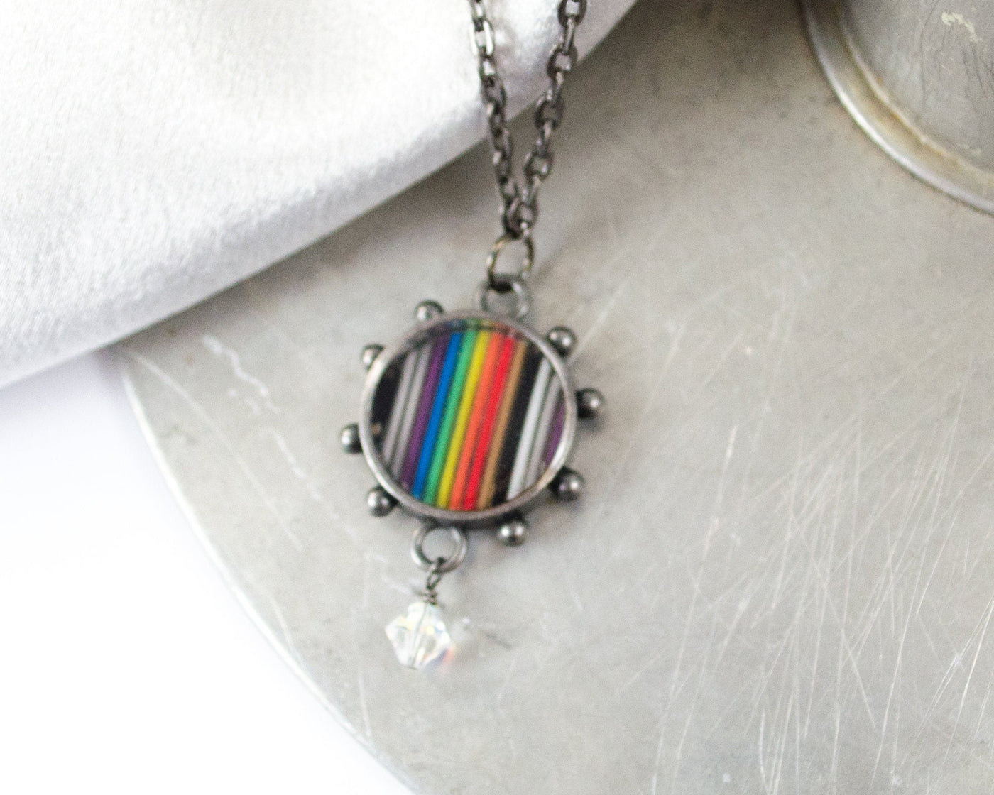 handmade rainbow ribbon cable necklace with beaded detail