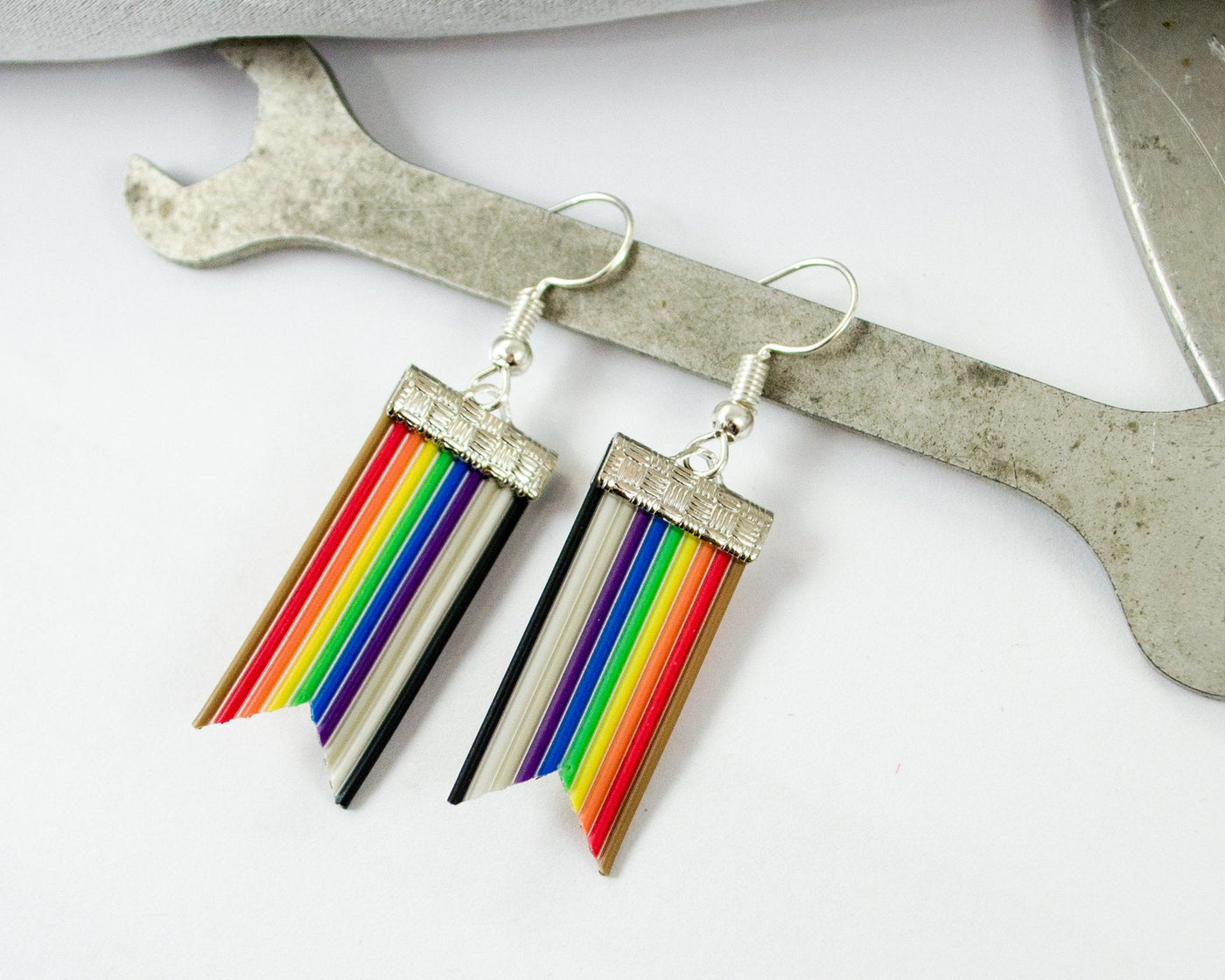 handmade rainbow ribbon cable banner earrings