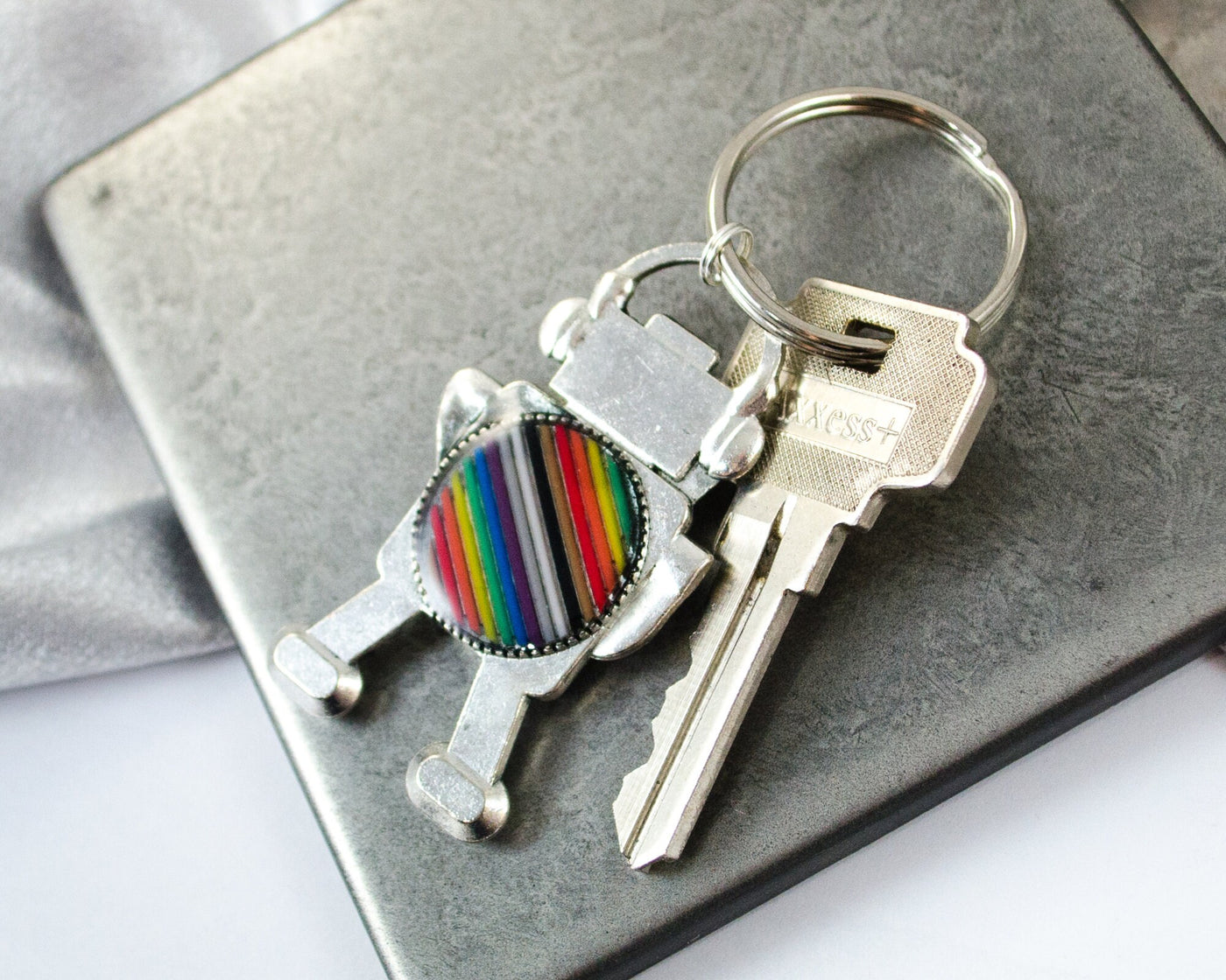Rainbow Robot Keychain, Ribbon Cable Robotics Keychain, Engineering Gift, Graduation Gift for Computer Science