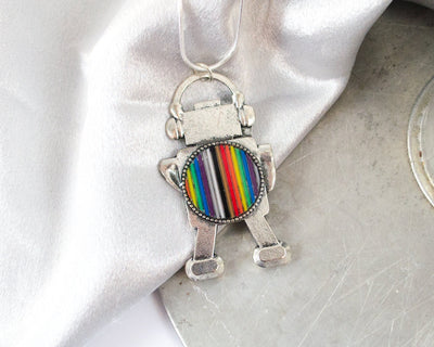 handmade rainbow robot necklace made from old electronics