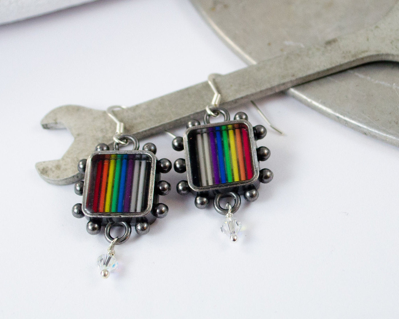 silver square rainbow handmade earrings