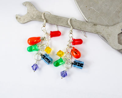 Rainbow Electronic Component Cluster Earrings, Sterling Silver