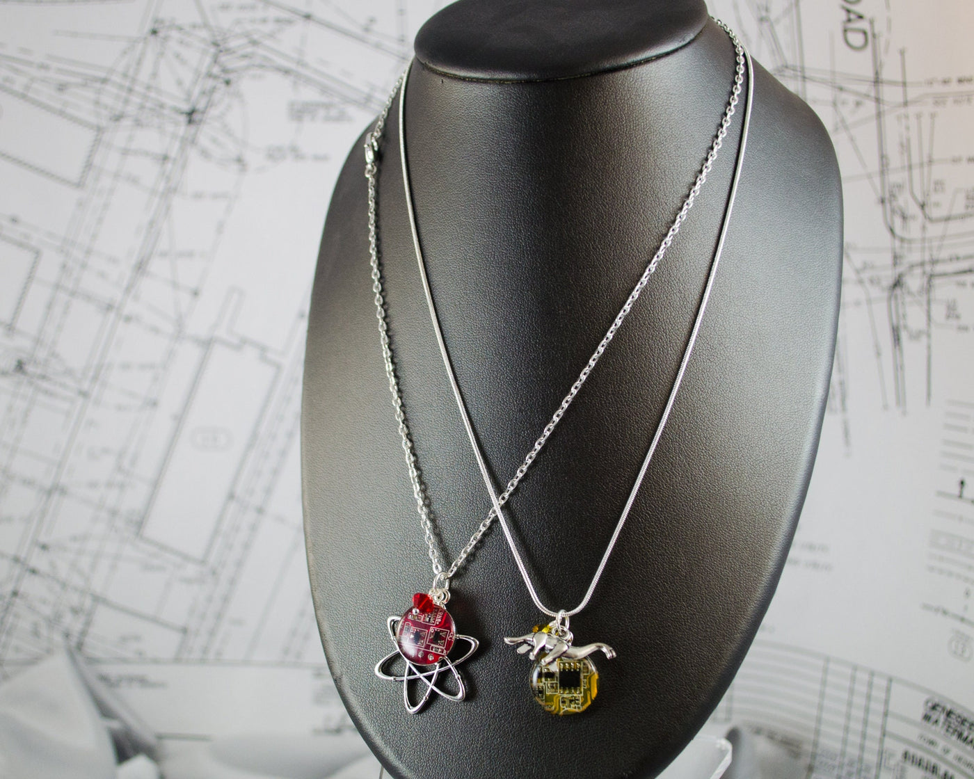 CHOOSE COLOR Erlenmeyer Flask and Circuit Board Charm Necklace, Jewelry for Scientists