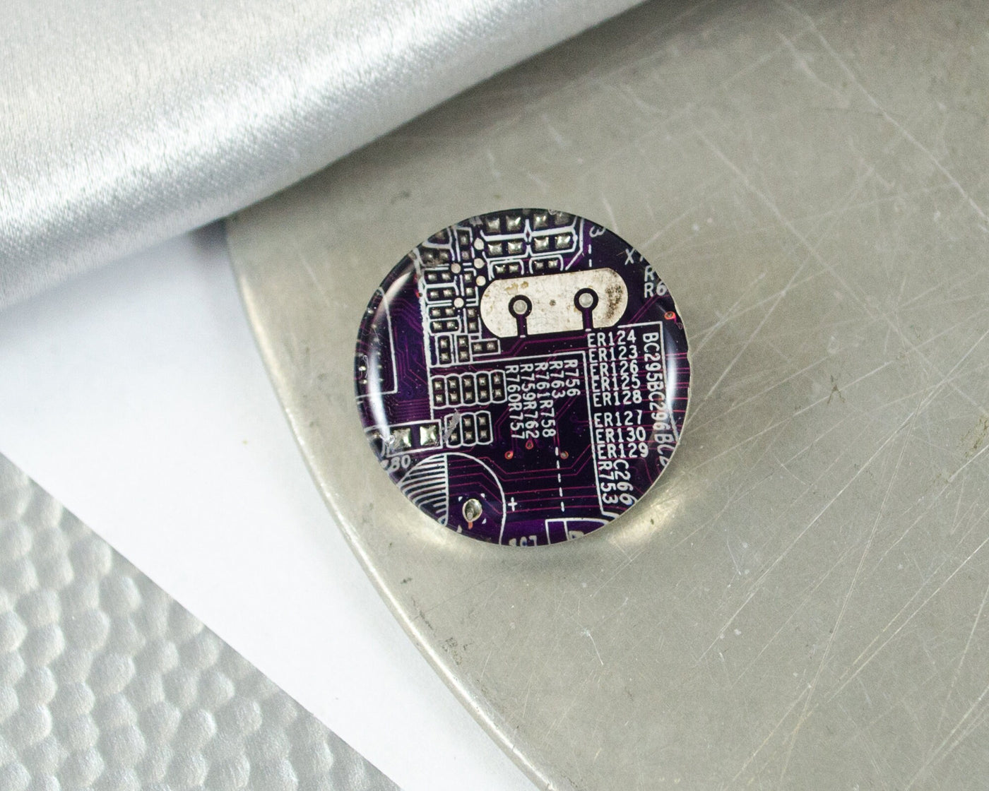 Violet Circuit Board Pin, Recycled Computer Gift