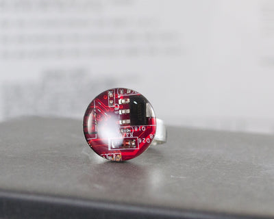 Recycled Circuit Board Adjustable Ring Red, Computer Jewelry, Upcycled Motherboard Ring, Computer Engineer Gift, Software Engineer Jewelry