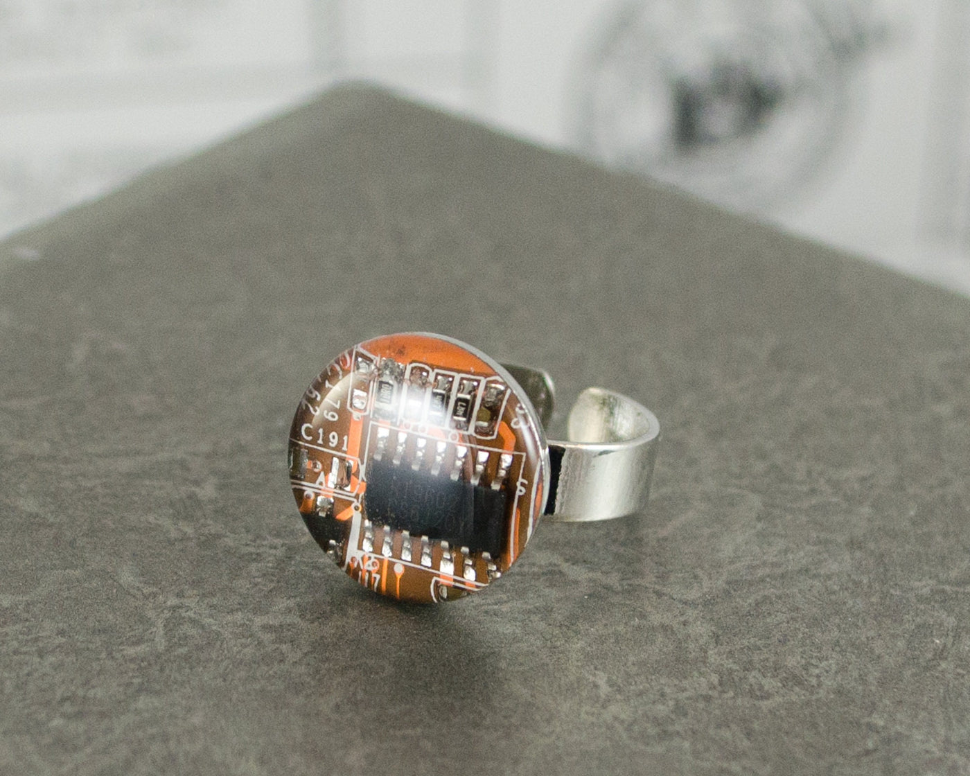 Recycled Circuit Board Adjustable Ring Orange, Computer Jewelry