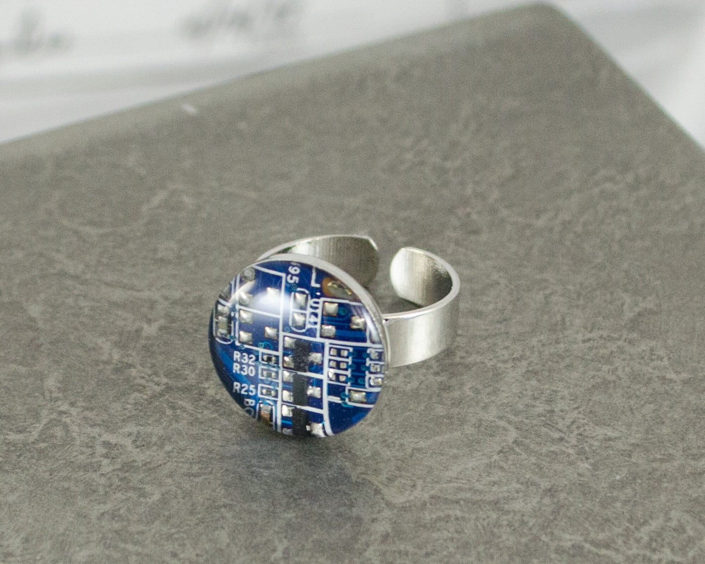 Recycled Circuit Board Adjustable Ring Blue, Computer Jewelry