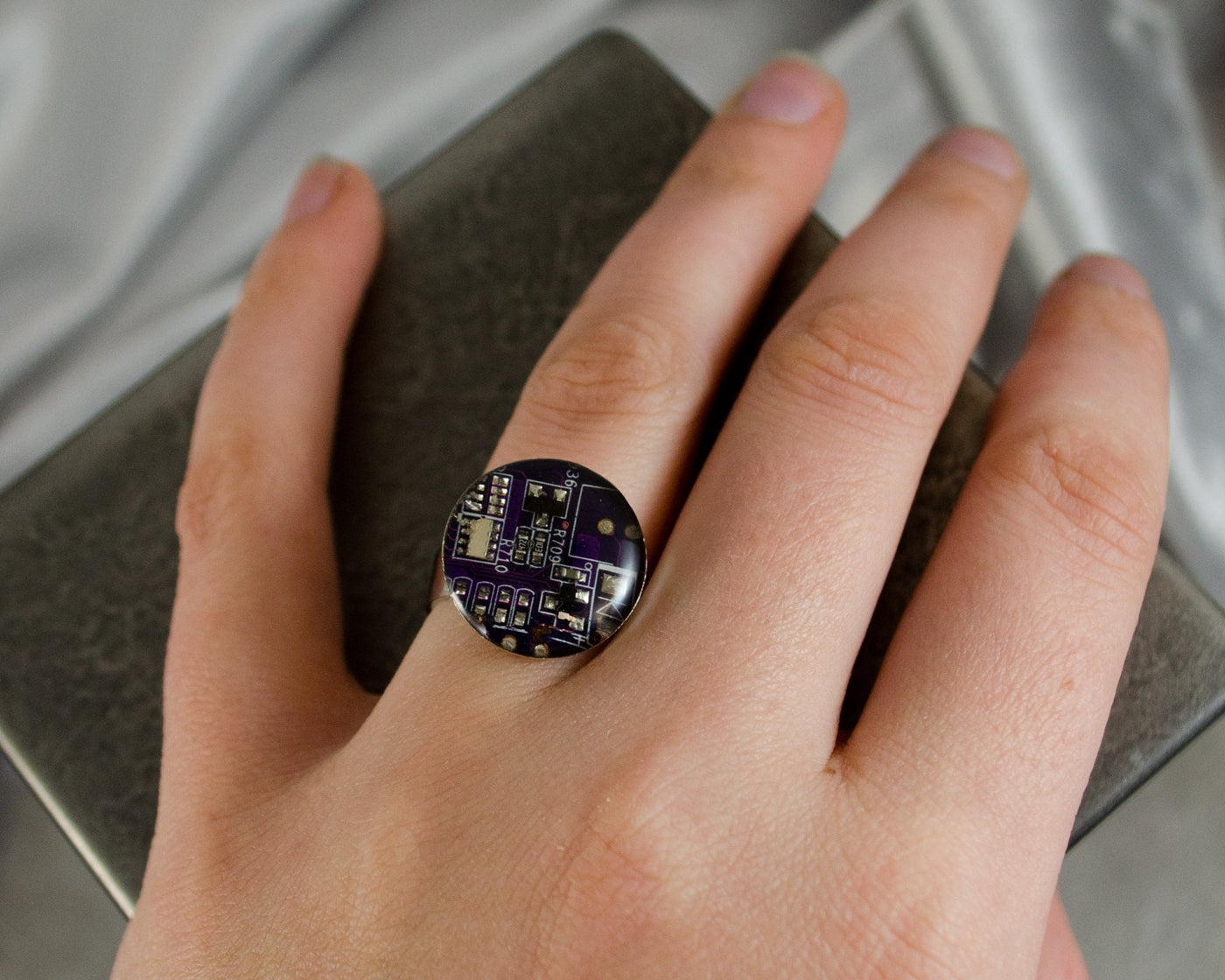 Recycled Circuit Board Adjustable Ring Violet, Computer Jewelry