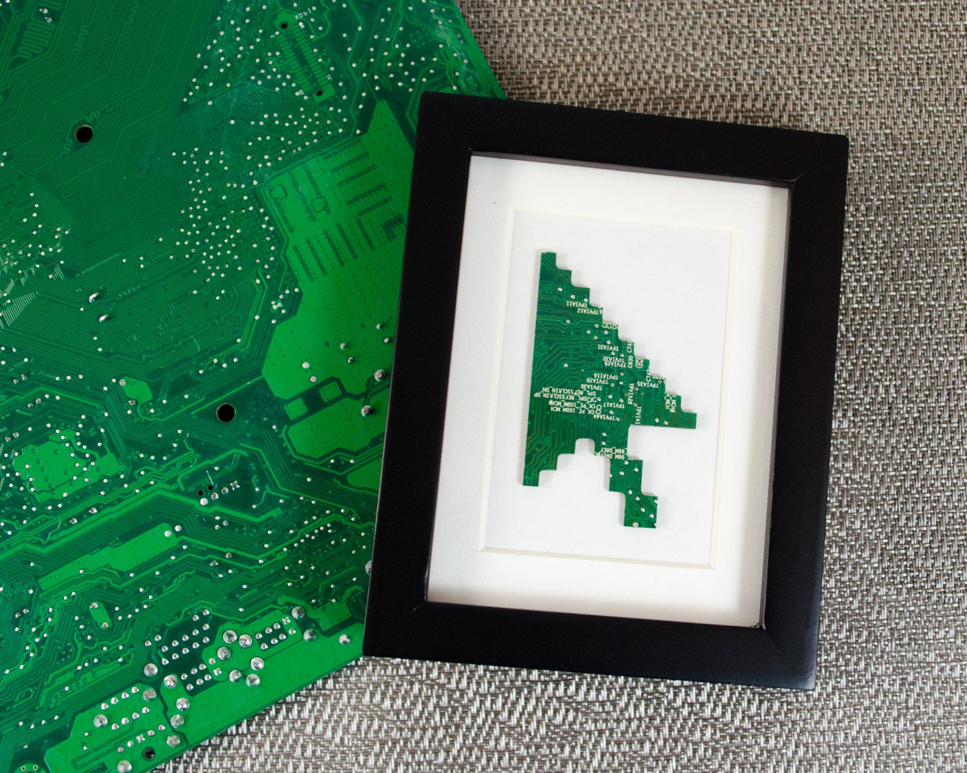 mini handmade framed art made from recycled green circuit board