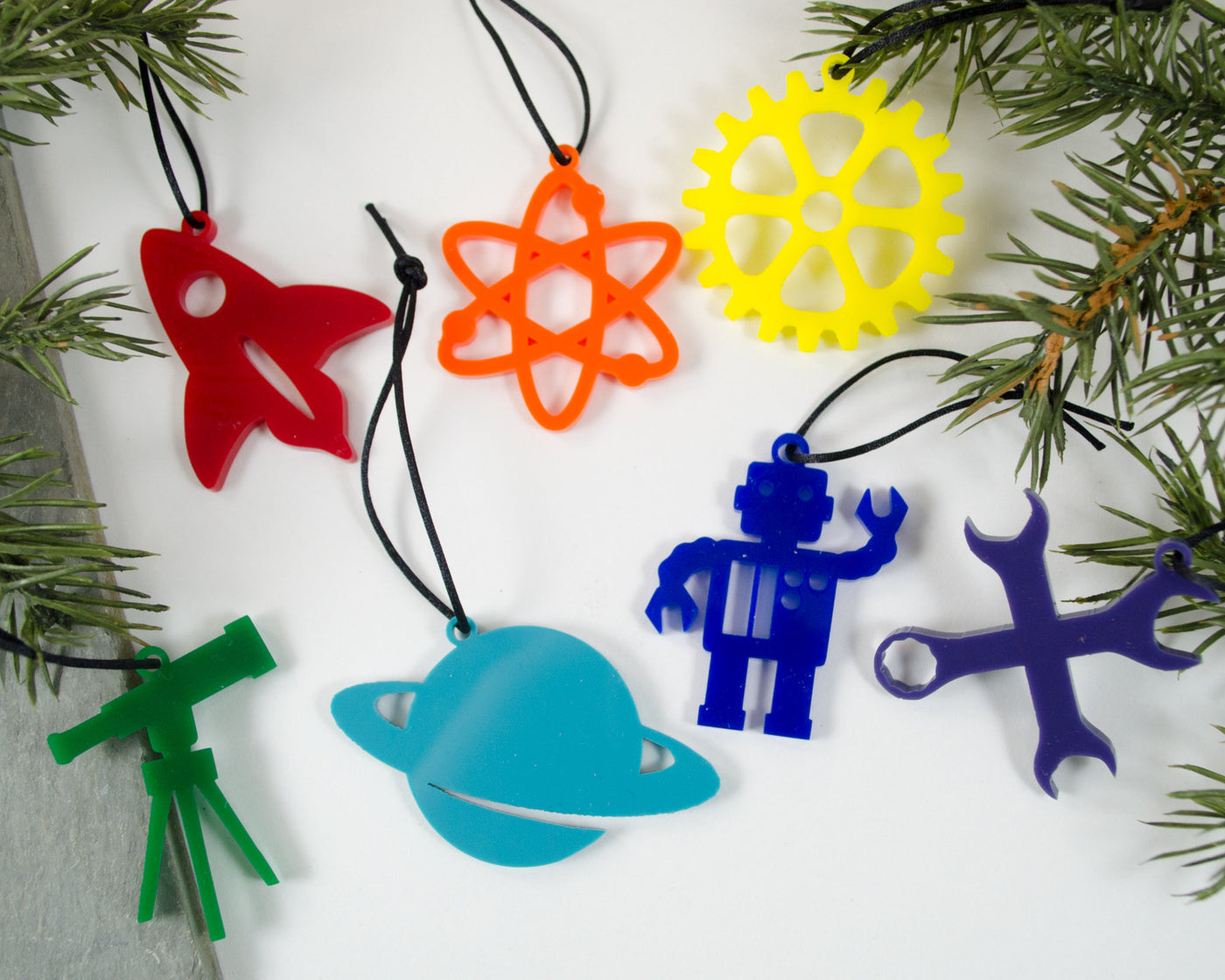 set of 7 handmade acrylic physics and engineering ornaments
