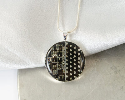 Circuit Board Necklace Black and Silver, Upcycled Computer Jewelry