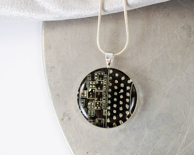 Circuit Board Necklace Black and Silver, Upcycled Computer Jewelry
