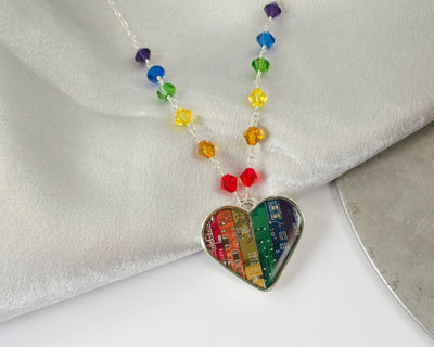 Recycled Circuit Board Rainbow Heart Necklace with Rainbow Beaded Chain