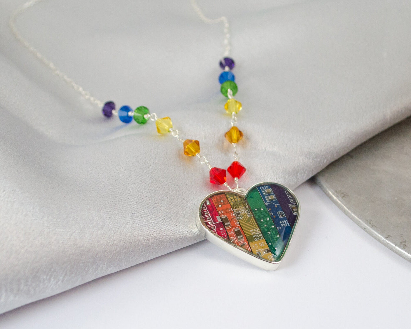 Recycled Circuit Board Rainbow Heart Necklace with Rainbow Beaded Chain