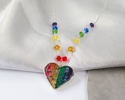 Recycled Circuit Board Rainbow Heart Necklace with Rainbow Beaded Chain