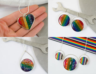 Ribbon Cable Banner Earrings, Rainbow Pride Funky Earrings, Upcycled Wire Jewelry, Computer Science Earrings