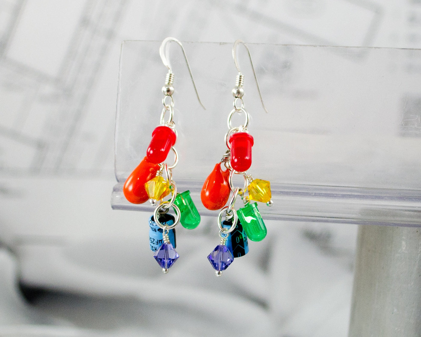 Rainbow Electronic Component Cluster Earrings, Sterling Silver Earrings, Pride Funky Earrings, Colorful Upcycled Electronics Earrings