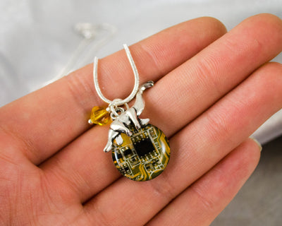 Dinosaur and Circuit Board Charm Necklace