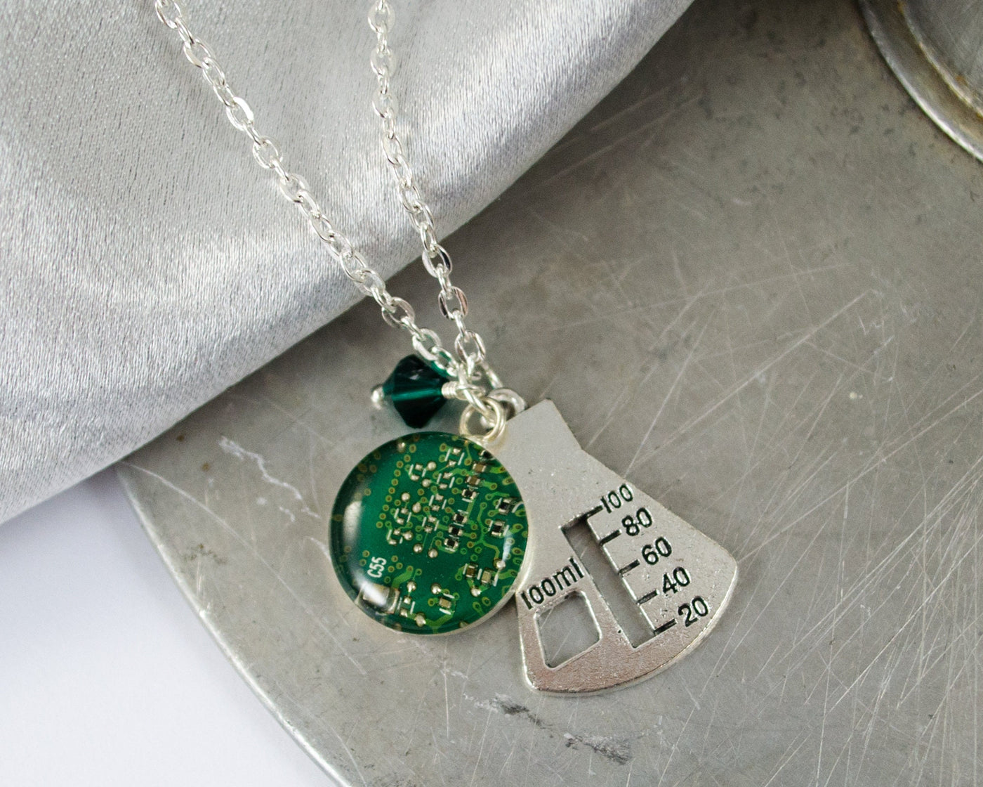 CHOOSE COLOR Erlenmeyer Flask and Circuit Board Charm Necklace, Jewelry for Scientists