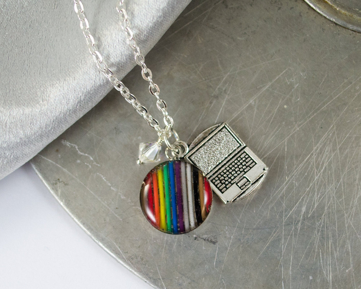 rainbow ribbon cable necklace with laptop charm