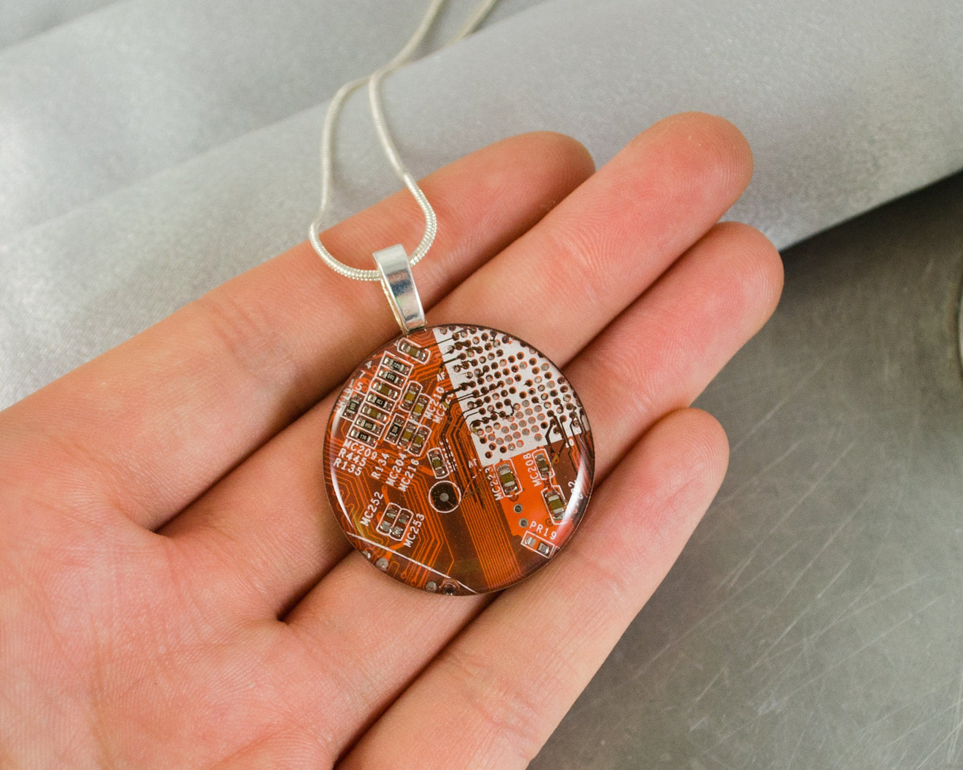 Circuit Board Necklace LARGE Orange, Recycled Motherboard Jewelry, Wearable Technology, Computer Gift, Computer Programmer, Upcycled