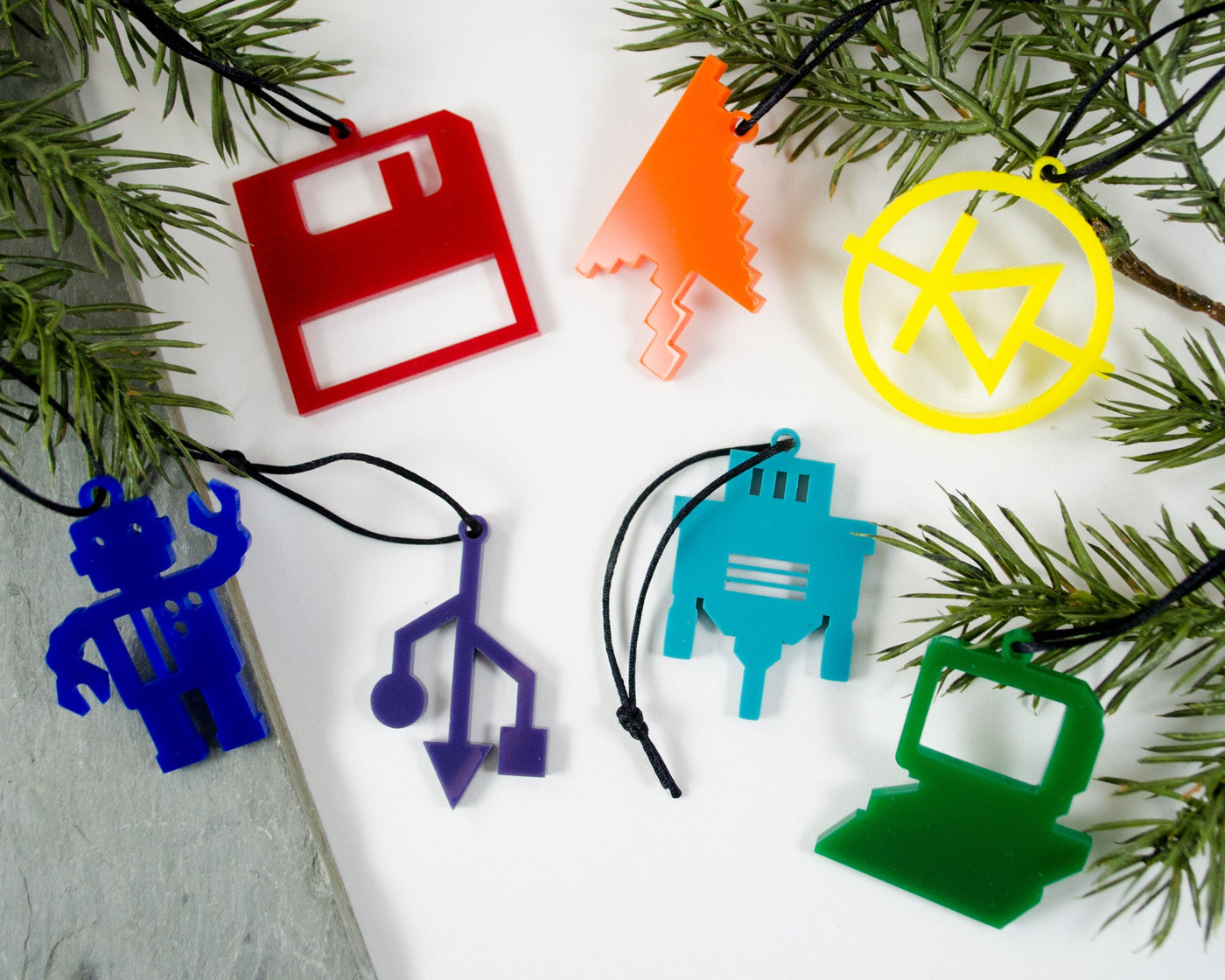 set of 7 handmade electrical engineering and computer ornaments