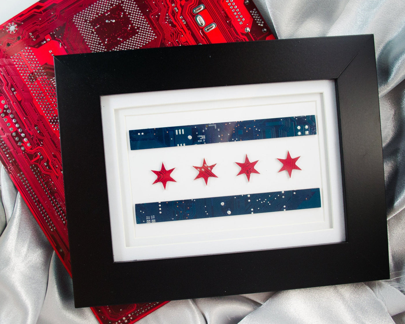 circuit board framed art made into shape of Chicago flag