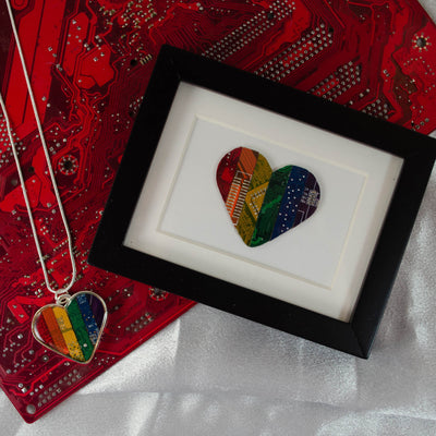 rainbow circuit board framed art piece and heart necklace