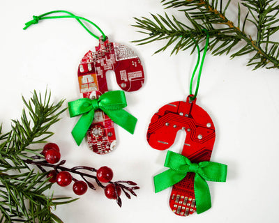 red and green candy cane ornaments made from broken electronics