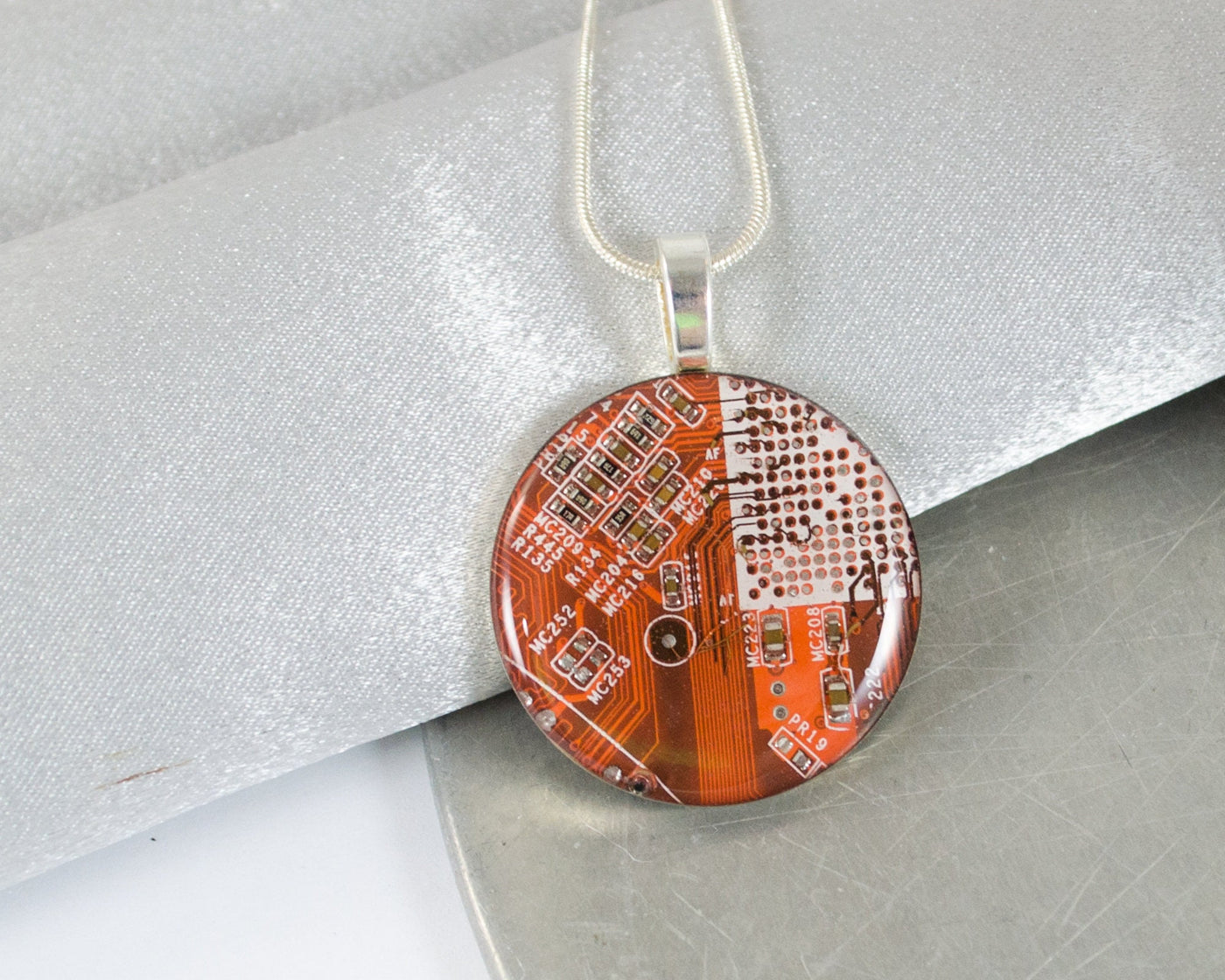 Circuit Board Necklace LARGE Orange, Recycled Motherboard Jewelry, Wearable Technology, Computer Gift, Computer Programmer, Upcycled