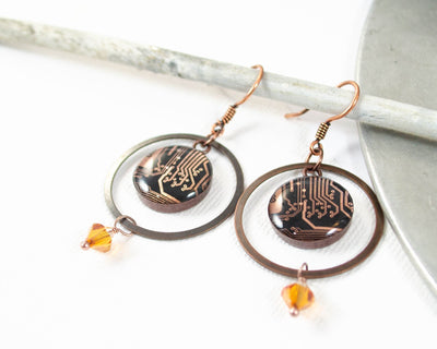 Copper Orb Earrings Made from Recycled Circuit Boards, Short Earwire, Gift for Engineer, Women in Science, Elegant Geek Jewelry
