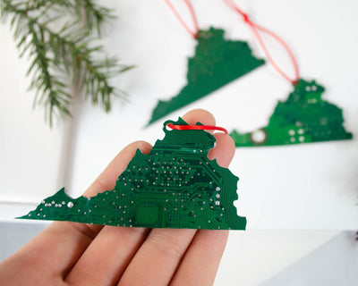 shape of the state of virginia made from upcycled green circuit board